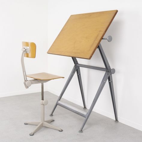 Drafting table + chair by Friso Kramer & Wim Rietveld for Ahrend de Cirkel, 1960s Stylish Sofa Bed, Oak Bed Frame, Mod Furniture, Study Room Design, Drafting Chair, Drafting Table, Drawing Table, Leather Bed, Bedroom Color Schemes