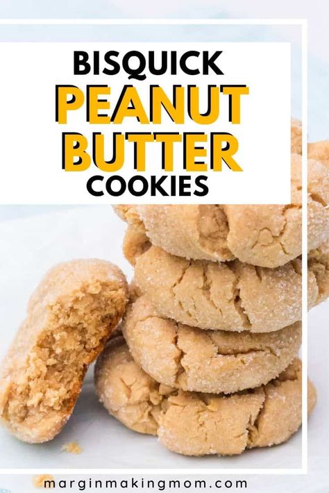 These easy, eggless peanut butter cookies are made with Bisquick baking mix, so they're a cinch to whip up! Soft and chewy and coated with sparkling sugar, they're a simple yet delicious treat! Baking Mix Cookies, Cookies Made With Bisquick, Bisquick Chocolate Chip Cookies Recipes, Bisquick Peanut Butter Cookies, Bisquick Peanut Butter Blossoms, Bisquick Desserts Easy, Bisquick Sweets, Biscuit Mix Recipe Ideas, Bisquick Deserts