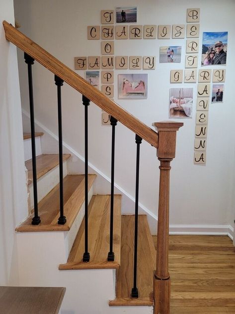 Partial Stair Banister, Banister Update Diy, Banister Replacement Ideas, Iron Spindle Staircase Wood Railing, Replacing Banisters And Railings, Staining Handrail Stair Railing, Replace Banister Spindles, Replacing Stair Spindles, How To Replace Stair Railing