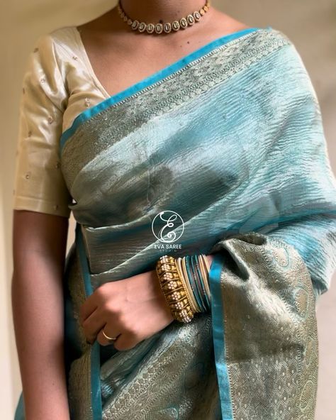 Price : 1799/- Freeshipping Product code : 0002 Saree fabric : Crushed Tissue with zari border and pallu Saree length : 5.5m Saree width : 44 inches Bouse: Running blouse with border (sky blue 💙) Note : *The colours you see on your device may slightly vary due to the difference in individual’s monitor. *Blouses which are worn are only for styling purpose and is not for sale *Edging will not be done at the pleats part Contact Number : 7997766686 . . #saree #sareelove #hyderabad #evasareestud... Blouse With Border, Tissue Saree, Saree Fabric, Not For Sale, Hyderabad, Sky Blue, Blue Sky, Blouses, Saree