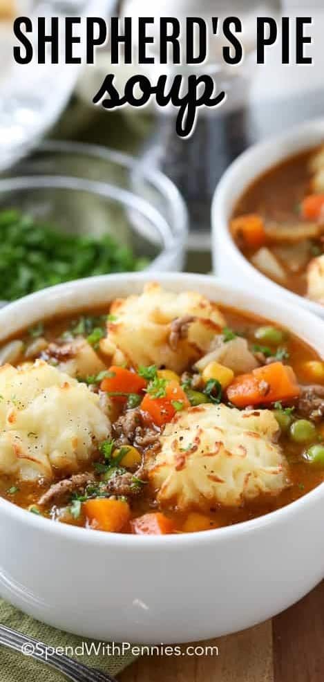 Shepherd's Pie Soup is a family favorite! A rich and beefy broth loaded with vegetables and topped with golden potato puffs! #soup #shepherdspie #groundbeef #stew #easyrecipe #spendwithpennies #hamburger Buttery Potatoes, Hp Sauce, Beef Soup Recipes, Hamburger Soup, Spend With Pennies, Vegetable Beef Soup, Barley Soup, Shepherd's Pie, Savory Soups