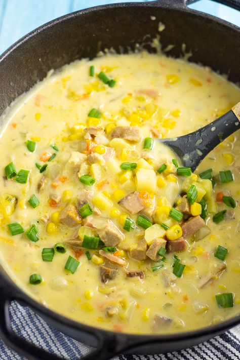 Cheesy Ham and Corn Chowder combines classic ham and cheese, with hearty potatoes and sweet corn into a warm and creamy chowder that is perfect for cold days. Ham Recipes Soup, Leftover Ham Recipes Soup, Soup Corn Chowder, Ham And Corn Chowder, Ham Chowder, Corn Chowder Soup, Creamy Soup Recipes, Potato Corn Chowder, Cheesy Ham