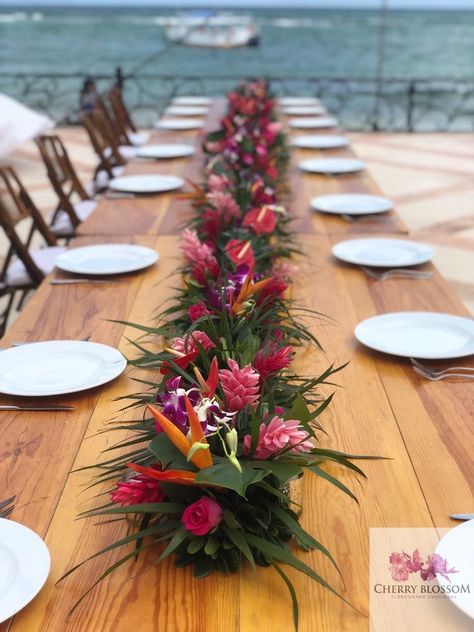 Tropical Long Table Centerpiece, Tropical Centerpieces Wedding Receptions, Tropical Flower Garland, Wedding Centerpieces Tropical, Moana Wedding Theme, Tropical Theme Wedding Decorations, Tropical Centrepiece, Tropical Flower Centerpieces, Simple Tropical Centerpieces