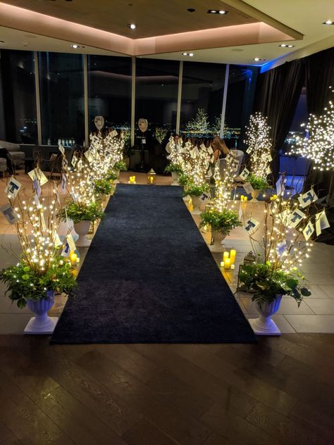 Blue carpet runway entrance. Tall branches with lights in urns. Prom Entrance Ideas, 8th Grade Prom, Lighted Branches, Prom Decor, Blue Carpet, Entrance Decor, Enchanted Garden, Entrance Doors, Wedding Looks