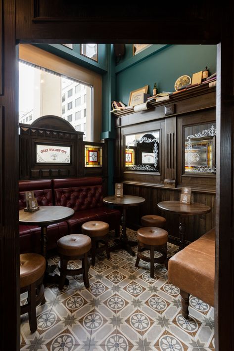 Dark Green Pub Interior, English Pub Interior Design, English Pub Interior, Irish Pub Interior, Irish Pub Design, Pub Interior Design, Glass Signage, Country Pub, Dream Bars