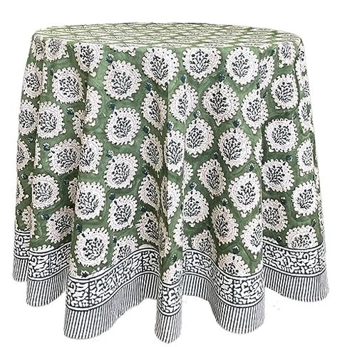 ATOSII Kari Green 100% Cotton Round Tablecloth, Handblock Print Floral Table Cloth for Kitchen Dining Linen I Parties, Weddings, Outdoors, Spring Summer I 72" Inches Round 72 Inch Round Dining Table, Thanksgiving Tablecloth, Fall Tablecloth, Fabric Softener Sheets, Green Tablecloth, Block Printed Textiles, Spring Boho, Sunroom Designs, Boho Fall