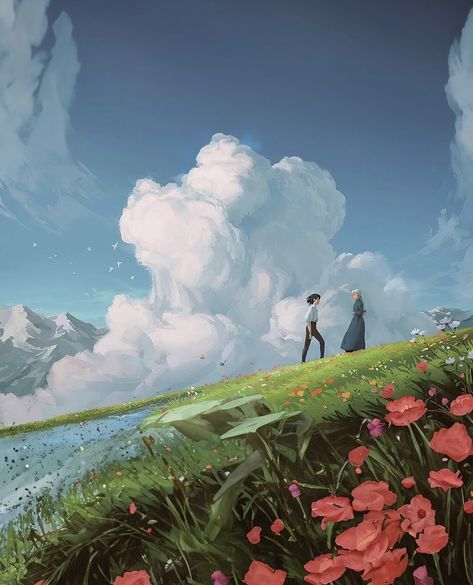 Howls Moving Castle Meadow, Poster Howl's Moving Castle, Howls Moving Castle Acrylic Painting, Studio Ghibli Field, Howls Moving Castle Landscape, Howls Garden, Studio Ghibli Landscapes, Howls Moving Castle Painting, Gibli Studio Aesthetic