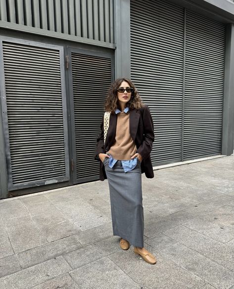 Tan Ballet Flats, Grey Maxi Skirt, Taupe Flats, Maxi Skirt Blue, Grey Maxi Skirts, Im A Lady, Winter Layers, Grey Maxi, Striped Scarf