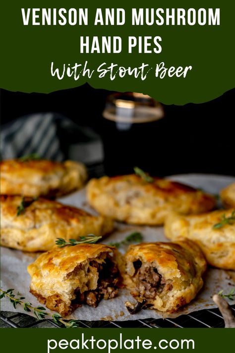 Fancy Venison Recipes, Venison Hand Pies, Wild Game Appetizers, Elk Dinner Recipes, Venison Meat Pie, Wild Game Recipes Deer, Healthy Venison Recipes, Mushroom Hand Pies, Beer Gravy