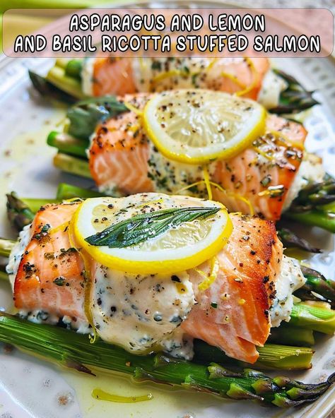 Asparagus and Lemon Basil Ricotta Stuffed Salmon Rolls with Lemon Sauce Recipe Stuffed Salmon Rolls, Lemon Sauce Recipe, Olive Salad Recipe, Grilled Salmon Burgers, Salmon Rolls, Cauliflower Patties, Baked Cod Recipes, Avocado Salsa Recipe, Stuffed Salmon