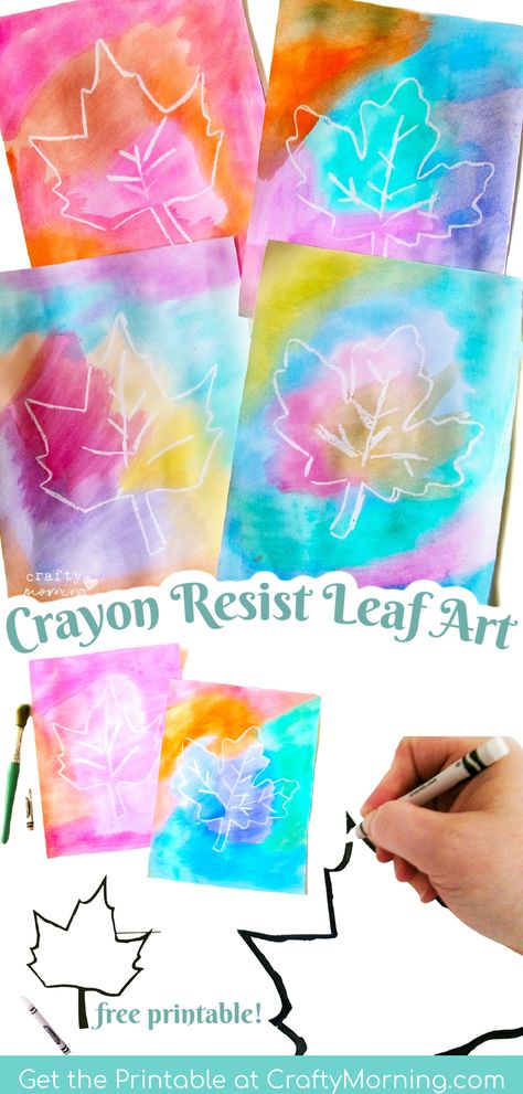 Crayon Resist Watercolor Leaf Art- fun fall art project with a free printable pdf template. Fall leaves art project for kids or adults. Easy elderly craft. Watercolor project. Fall craft with printable. Kids art Leaf Crafts For Kindergarten, September Art Ideas For Kids, Fall Art Ideas For Kindergarten, Fall Preschool Painting Ideas, Leaves Activities For Kindergarten, Art Projects For Kindergarteners, Watercolor Resist Art, Fall Thanksgiving Art Projects For Kids, Monthly Art Themes