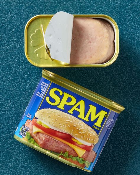 Overhead view of two cans of spam, one open and one closed, on its side. Spam Can, Spam Recipes, Canned Meats, Hormel Recipes, British Dishes, Bangers And Mash, Waffle Cookies, Canned Meat, How To Make Sausage