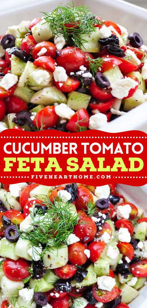 Make the most of the season's produce in this easy side dish for BBQs! It's a must-have Memorial Day food idea or 4th of July recipe. Complete with olives and dill, this Cucumber Tomato Feta Salad is so flavorful. Enjoy this fresh summer salad today! Spinach Salad With Strawberries, Cucumber Tomato Feta Salad, Tomato Feta Salad, Cucumber Feta Salad, Summer Side Dishes Recipes, Feta Salad Recipe, Spring Recipe, Tomato Salad Recipes, Fresh Salad Recipes