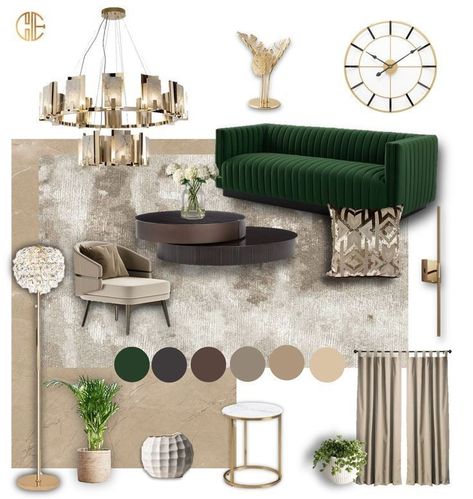 Olive Green And Gold Home Decor, Glam Art Deco Living Room, Emerald Gold Black Living Room, Living Room With Green And Gold Accents, Green And Gold Apartment Aesthetic, Army Green Living Room Decor, Sage Green Gold Living Room, Black White Grey Gold Green Living Room, Living Room Green And Gold