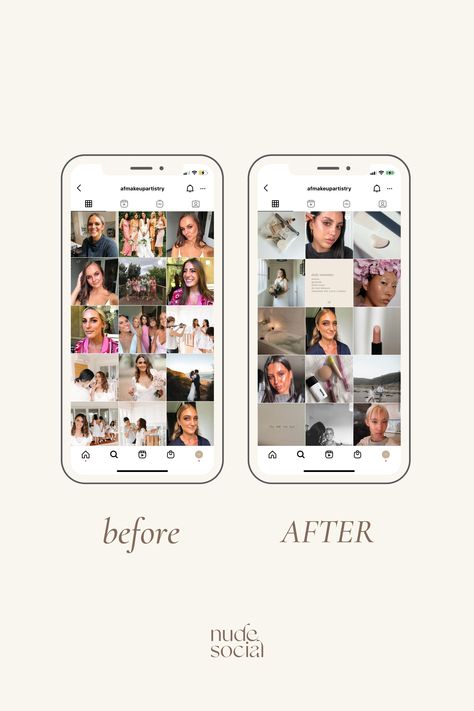 Before & after Instagram brand makeover for makeup artist AF Makeup Artistry by Nude Social | Social Media Management Agency Aesthetic Makeup Marketing Ideas Social Media, Makeup Artist Ig Feed, Social Media Management Aesthetic, Makeup Artist Social Media, Agency Aesthetic, Social Media Manager Aesthetic, Makeup Artist Branding, Brand Instagram, Instagram Brand