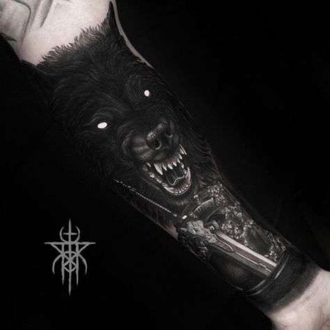 Wolf Sleeve Tattoos For Guys, Enchanted Tattoo, Wolf Tattoo Forearm, Forearm Cover Up Tattoos, Werewolf Tattoo, Cover Up Tattoos For Men, Wolf Sleeve, Arm Tattoos For Guys Forearm, Vampire Tattoo