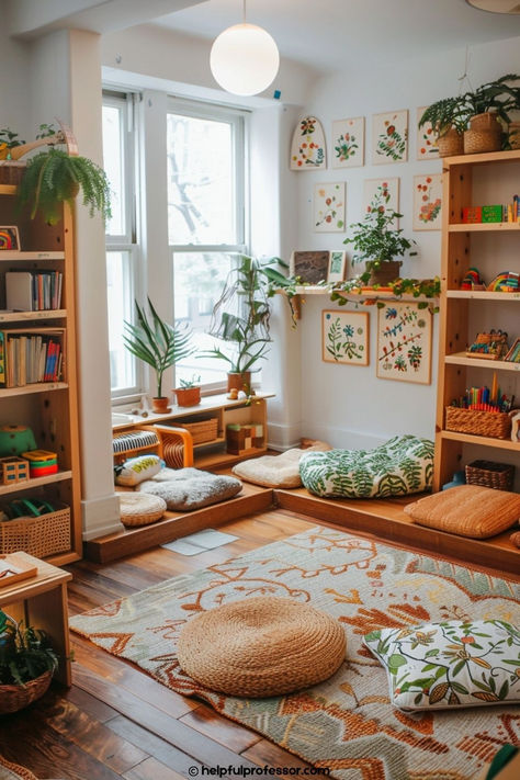 See all 24 Montessori classroom design images in the article! Bohemian Playroom Ideas, Montessori Study Room, Montessori Home Daycare, Montessori Reading Nook, Homeschool Small Space Ideas, Boho Homeschool Room, In Home Classroom, Home Classroom Ideas, Montessori Living Room