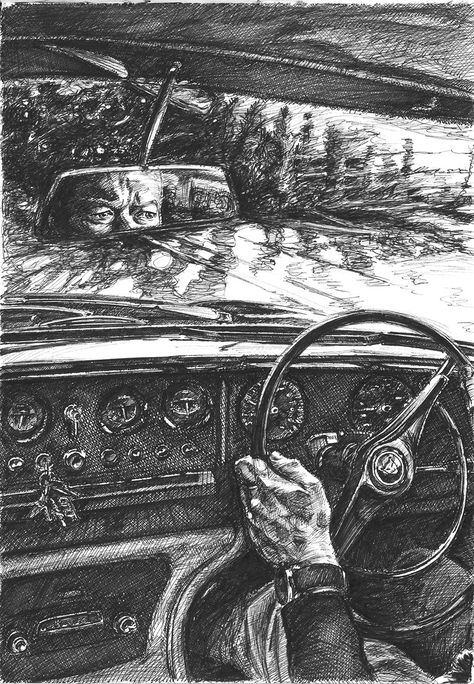 Fineliner drawing of the interior of a Jaguar MK10 driving into a sunset People In Car Drawing, Car Interior Drawing, Inside Car Drawing, Drawings Of Rooms, Expedition Drawing, Drive Inktober, Drive Sketch, Driving Drawing, Drive Drawing