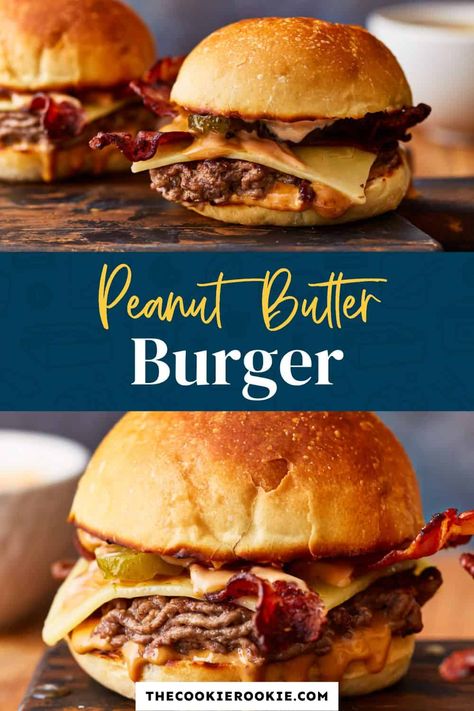 This uniquely delicious Peanut Butter Burger with juicy slices of bacon, a creamy burger sauce, pickles, and cheese will satisfy all your cravings. Inspired by Missouri's nostalgic Guber Burger, this sandwich will amp up burger night! Peanut Butter Burgers, Peanut Butter Burger Recipe, Peanut Butter Burger Sauce, Unique Burger Toppings, Grilled Cheese Burger Recipe, Grill Cheese Burger, Cheese Curd Burger, Peanut Butter Bacon Burger, Burger Fixings