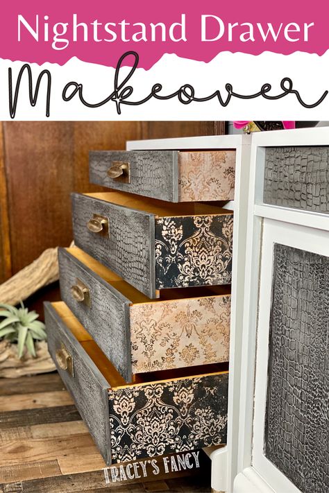 Decoupaged Drawer Sides with Gorgeous Damask Printed Paper on a nightstand drawer ... alternating colors and very detailed Decoupage On Furniture Ideas, Inside Drawer Makeover, Decoupage Furniture Mid Century, Decoupage Dresser Drawers, Mcm Nightstand, Wallpaper Drawers, Decoupage Dresser, Drawer Detail, Decoupage Drawers