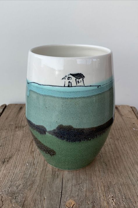 Pottery Painting Ideas Landscape, Birthday Pottery, Landscape Pottery, Fernie Bc, Throwing Clay, Hand Painted Designs, Hand Painted Mugs, Painted Designs, Hand Painted Pottery