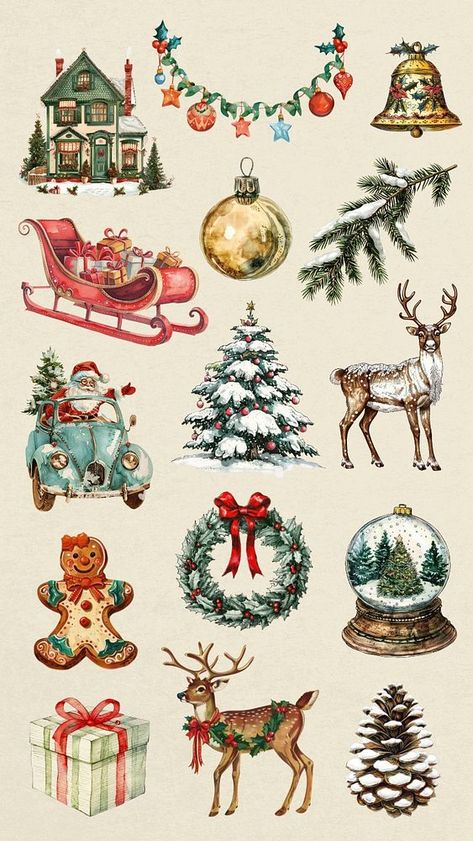 Editable vintage Christmas illustration design element set | premium image by rawpixel.com / ton Vintage Christmas Presents Illustration, Hygge Christmas Illustration, Old Christmas Illustration, Retro Christmas Drawings, Vintage Cute Illustration, Retro Christmas Clipart, Vintage Holiday Wallpaper, Vintage Christmas Clipart, Vintage Christmas Stickers