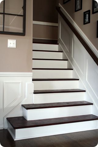 Love the idea of no carpet to vacuum on the stairs! Updated Stairs, Stair Colors, Pretty Stairs, Stair Redo, Replace Carpet, Wainscoting Height, Basement Steps, Carpet Diy, Dining Room Wainscoting