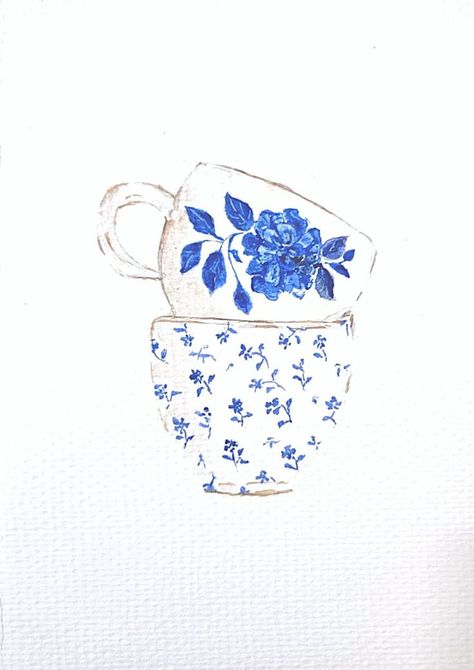 Tea Cup Drawing, Tea Journal, Watercolor Tea, Rene Gruau, Dutch Tiles, Floral Watercolor Paintings, Blue Cups, Easy Watercolor, Blue Vase