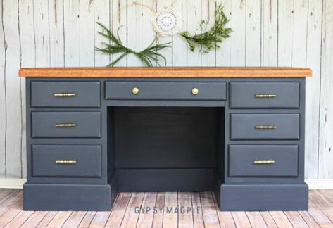 Remodeled Furniture, Blue Office Desk, Navy Desk, Desk Colors, Refinished Desk, Refurbished Desk, Desk Makeover Diy, Desk Redo, Pine Desk