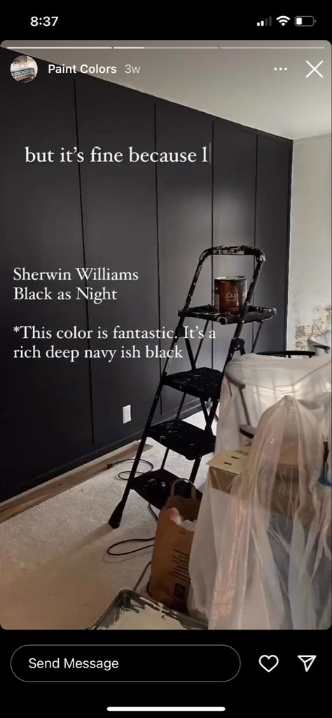 Best Matte Black Paint For Walls, Black Bedroom Paint Colors, Black Accent Wall Boys Bedroom, Black Of Night Sherwin Williams, Sw Black Of Night, Sherwin Williams Black Of Night, Black Bedroom Ideas For Men, Accent Wall Boys Bedroom, Black Wall Paint