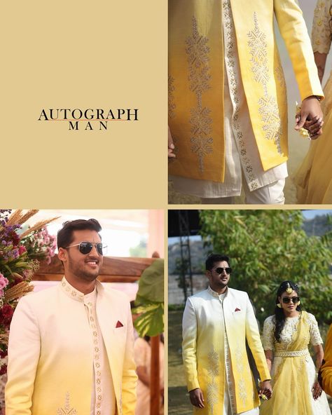 Exquisite craftsmanship meets timeless elegance. This bespoke Haldi outfit for the groom by Autograph Man is a masterpiece of intricate detailing. #AutographMan #GroomFashion #HaldiOutfit #haldi #haldiceremony #groom #weddingoutfit #outfitodeas #men #menstyle #mensfashion #IndianWedding #TraditionalElegance” Haldi Suit, Haldi Carnival, Contrast Outfit, Carnival Outfit, Haldi Outfit, Suit Man, Wedding Dress Outfit, Haldi Ceremony, Groom Style