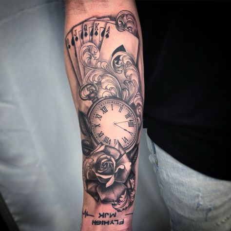 Music Rose Tattoo, Igor Tattoo, Rose Clock Tattoo, Tatto Clock, Tattoo Trends 2023, Gambling Tattoos, Time Clock Tattoo, Flower Tattoo Sleeve Men, Clock Tattoo Sleeve