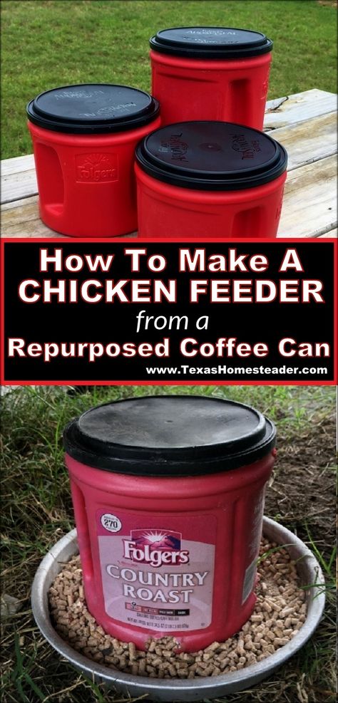 Repurposed Coffee Can Chicken Feeder Diy Mess Free Chicken Feeder, Decorating With Old Chicken Feeders, Chicken Feeders Diy Homemade, Chicken Diy Feeder, How To Make A Chicken Feeder, Milk Jug Chicken Feeder, Diy Hanging Chicken Feeder, Easy Chicken Feeders Diy, Home Made Chicken Feeder