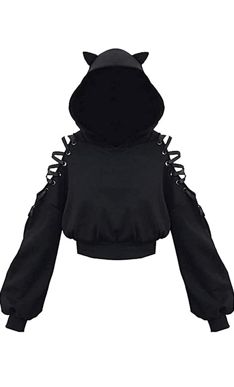 Short Black Women, Hoodie Ears, Techwear Hoodie, Black Kawaii, Aesthetic Hoodies, Cat Ears Hat, Stylish Crop Top, Plain Hoodies, Black Punks