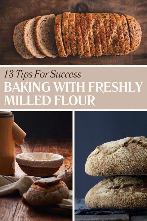 Unlock the full potential of your home-milled grains with '13 Tips For Baking With Freshly Milled Flour (Including Sourdough)'. This guide is a treasure trove of insights on improving flavor, texture, and shelf life of your bread. Learn how to adjust hydration, use pre-ferments like sponges, and select the best grains for a wholesome, hearty loaf. Ideal for enthusiasts eager to master the art of sourdough and whole-grain baking with freshly milled flour. Fresh Flour Recipes, Whole Grain Sourdough Recipes, Bread With Fresh Milled Flour, Sourdough With Fresh Milled Flour, Sourdough Bread With Fresh Milled Flour, Freshly Milled Sourdough Bread, Milled Flour Bread Recipe, Baking With Fresh Milled Flour, Fresh Milled Flour Sourdough Recipes