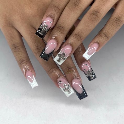 black and white croc print and cross square acrylic nails French With Cross Nails, Crosses On Nails, White Cross Nails, Black Cross Nails, Nails With Cross, Cross Nails, Long Square Nails, White French Tip, French Tip Acrylic Nails