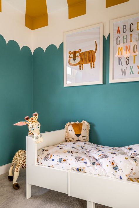 Kids Bedroom Ideas - Big Top Painted Walls & Ceiling Colourful Childrens Bedroom, Teal Kids Bedroom Ideas, Toddler Bedroom Paint Ideas, Blue Childrens Bedroom, Yellow Childrens Bedroom, Boys Room Green Walls, Teal Boys Bedroom, Teal Kids Bedroom, Bedroom Ideas Big