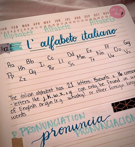 The alphabet: something important in every language learning. Make a section in your notebook for the alphabet and pronunciation (these tend to stay hand in hand) #italian #learningitalian #italianalphabet #italiannotes Notes For Learning A Language, Learn A Language Aesthetic, Learning Another Language Aesthetic, Learn A New Language Aesthetic, Italian Notes Study, Language Notebook Ideas, Italian Writing, Language Learning Notes Aesthetic, Italian Study Notes Aesthetic