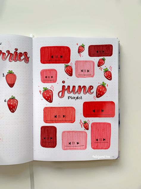 June Playlist Bullet Journal, Strawberry Mood Tracker, June Bujo, August Bujo, June Bullet Journal, Journal June, Strawberry Theme, Bullet Journal Page, Bullet Journal Ideas Templates