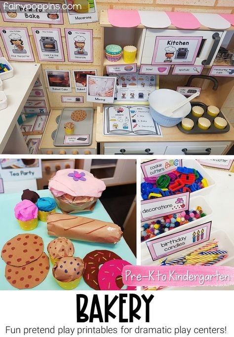 This bakery dramatic play center is a fun way for kids to learn about baking and what baker's do. It's great for a community helper theme. #bakerydramaticplay #bakerypretendplay #teaparty #playkitchen #baking #bakery #communityhelper #communityhelpers #communityhelperactivities #pretendplay #dramaticplaycenter #pretendplaycenter #preschool #prek #kindergarten Preschool Bakery Theme, Dramatic Play Bakery, Bakery Role Play, Bakery Dramatic Play Preschool Free Printable, Kindergarten Bakery Dramatic Play, Playdough Area, Play Bakery, Pretend Play Printables, Cooking Theme