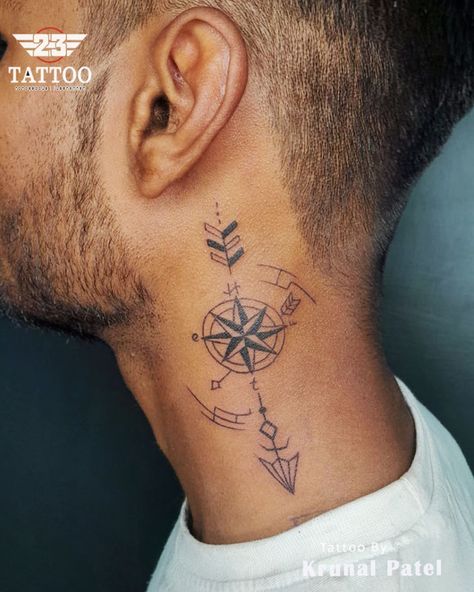 Compass Tattoo Behind Ear, Tattoo Ideas For Men Neck Design, Family Neck Tattoo, Compass Neck Tattoo, Tattoo On Neck For Men, Tattoo Designs Men Neck, Neck Tattoo For Boys, Neck Tattoo Design, Neck Tats