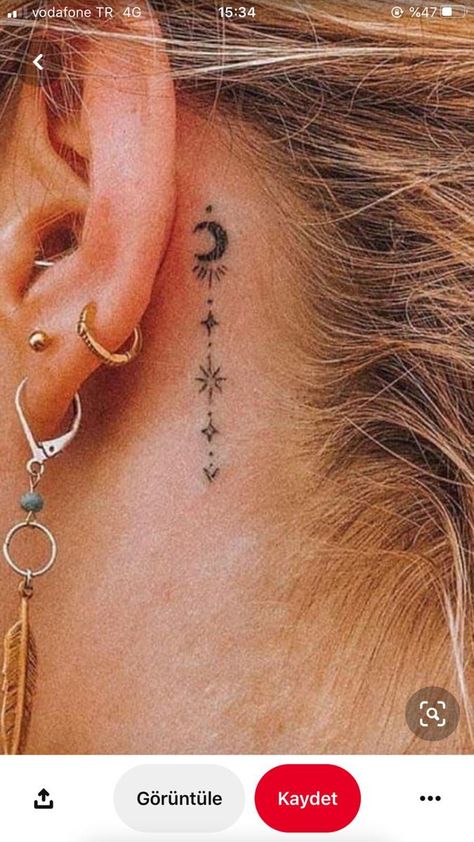 Taurus Behind Ear Tattoo, Ear Tattoo Moon, Feather Behind Ear Tattoo, Cute Behind The Ear Tattoos, Back Ear Tattoo, Tattoos Behind The Ear, Behind The Ear Tattoos, Hairline Tattoos, Tattoo Sonne