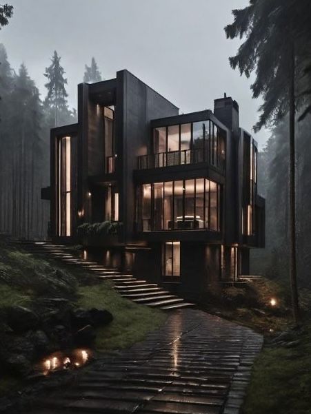 Black Interior Mansion, Modern Goth Home Exterior, Hyper Modern House, Black Mansions Luxury Exterior, Black Mansions Luxury, Goth Modern House, Dark Luxury House Exterior, Dark House Aesthetic Exterior, Gothic Modern House Exterior