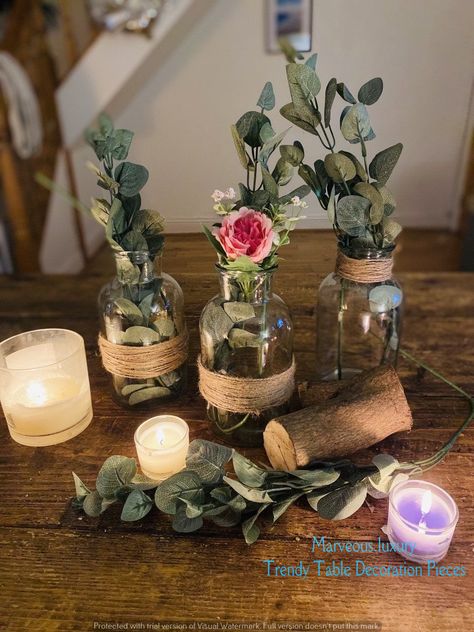 Luxurious Table Decoration Pieces | Garden Design Inspirations | Unique table decorations | Glass Rustic Centre Pieces For Weddings, Unique Table Decorations, Eucalyptus Vase, Auction Themes, A Country Wedding, Hunting Wedding, Decoration Pieces, Galvanized Tub, Earthy Wedding