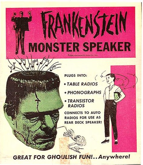 Popcorn Horror on Twitter: "Vintage monster head speaker ad (1960s) #horror #WeirdIsGood https://t.co/jky9jDMOVG" / Twitter Camp Horror, Culture Jamming, Horror Collectibles, Horror Collection, Creepy Kids, Monster Toys, Famous Monsters, Frankenstein's Monster, Universal Monsters