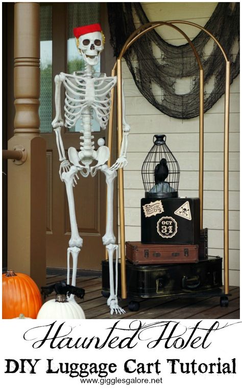 Haunted Hotel DIY Luggage Cart Breakfast Halloween, Classy Halloween Party, Hotel Transylvania Party, Classy Halloween, Diy Luggage, Diy Halloween Decor, Country Modern, Haunted Hotel, Halloween Front Porch