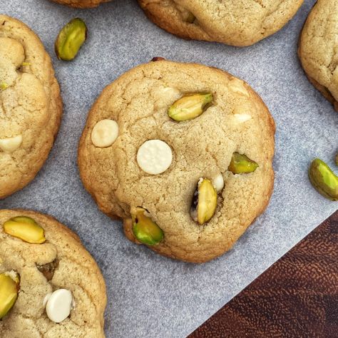 Tahini White Chocolate Pistachio Cookies Chocolate Pistachio Cookies, Tahini Cookies, Chocolate Pistachio, Pistachio Cookies, Natural Peanut Butter, Macadamia Nuts, Cookie Scoop, White Chocolate Chips, Baking Sheets