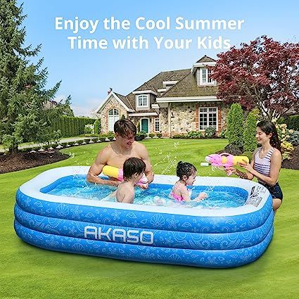 AKASO Inflatable Swimming Pool, 94.5" X 56" X 22" Kiddie Blow up Pool, Family Lounge Pool for Kids and Adults, Toddlers, Outdoor, Garden, Backyard Family Lounge Pool, Portable Pools, Blow Up Pool, Rectangle Pool, Children Swimming Pool, Family Swimming, Family Backyard, Family Pool, Backyard Pools