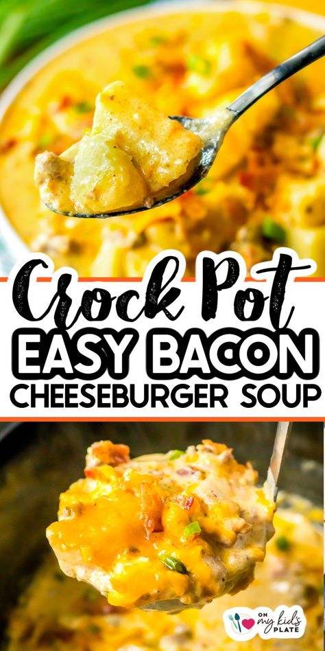 Easy cheesy slow cooker bacon cheeseburger soup is a hearty bowl full of tender chunky potatoes, flavorful ground beef, and delicious bacon all in a creamy cheesy broth. Bacon cheeseburger soup recipe is perfect for a busy day as the slow cooker does most of the work, and is great for the entire family. Bacon Cheeseburger Hotdish, Burger Crockpot Recipes, Crockpot Hamburger Recipes, Soup Easy Crockpot, Chunky Potatoes, Ground Beef And Bacon, Cheeseburger Soup Recipe, Family Meals Kid Friendly, Slow Cooker Bacon