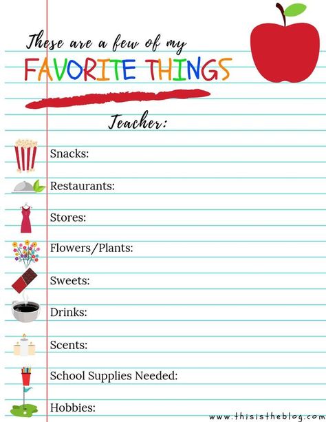 Teacher S Favorite Things A Must Have Printable For Room Parents Staff Favorites Sheet, Teachers Favorites List, Teacher Favorite Things Questionaire, Favorite Things Template, Teacher Favorites Printable, My Favorite Things List, Teacher Of The Month, Teacher Questionnaire, About Teachers